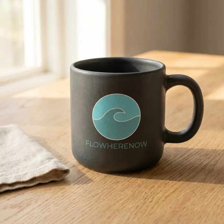 Flow Mug in charcoal with the Flowherenow logo