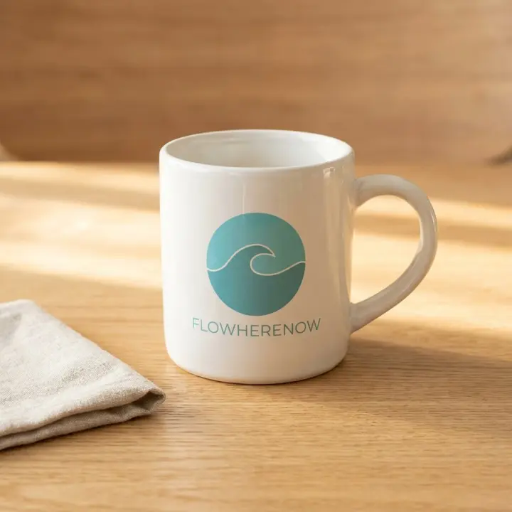 Flow Mug in clay white with the Flowherenow logo