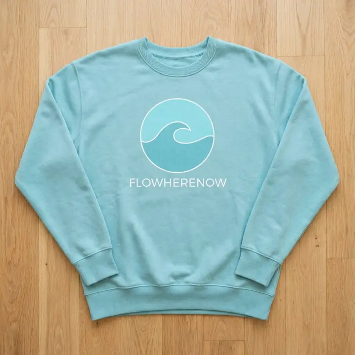 Stillness Sweatshirt in aqua with the Flowherenow logo