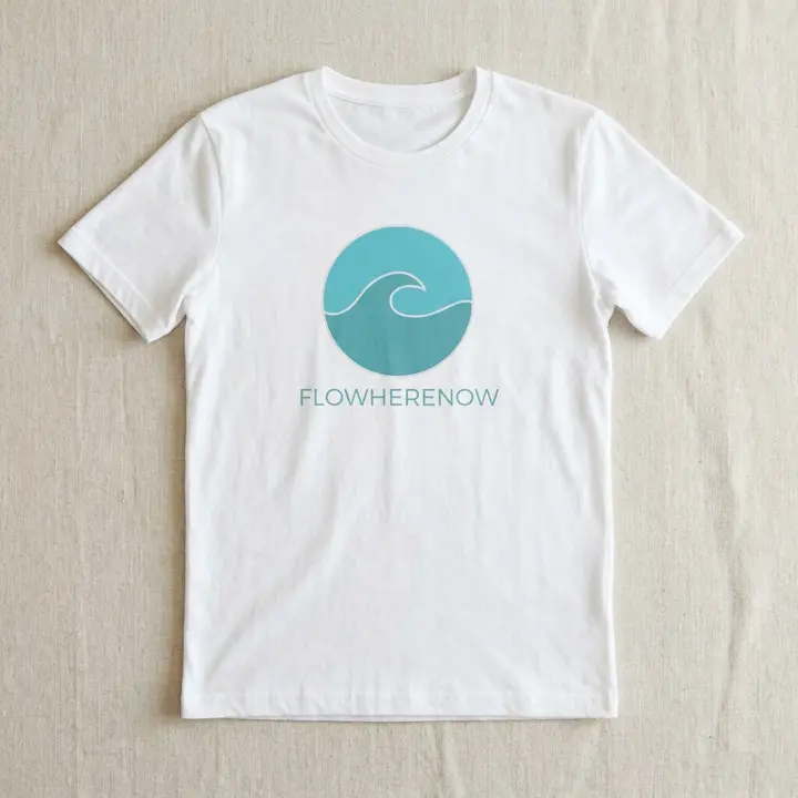 Here & Now T‑shirt in white with the Flowherenow logo