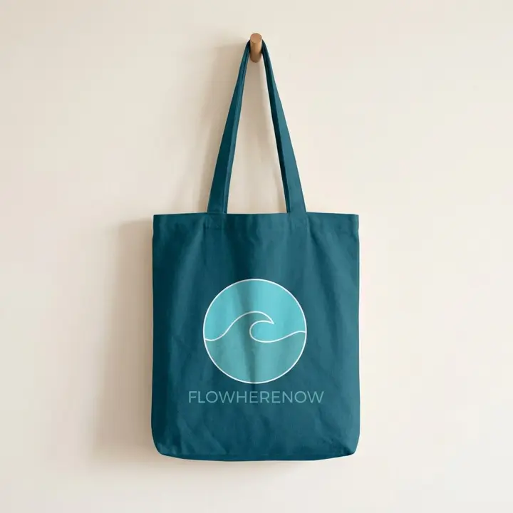 Wave Tote Bag in deep teal with the Flowherenow logo